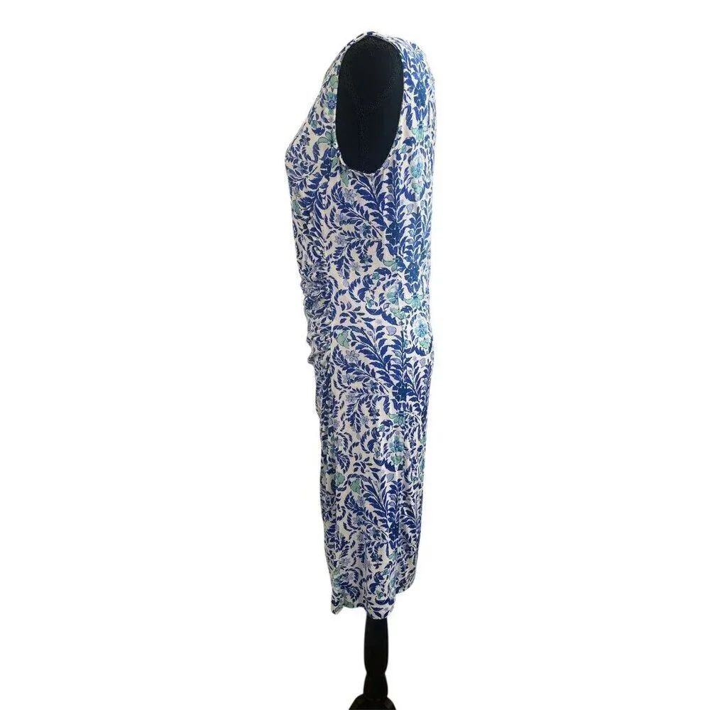 Tory Burch Ruched Knee Length Silk Dress Blue White Floral Print Lined Medium